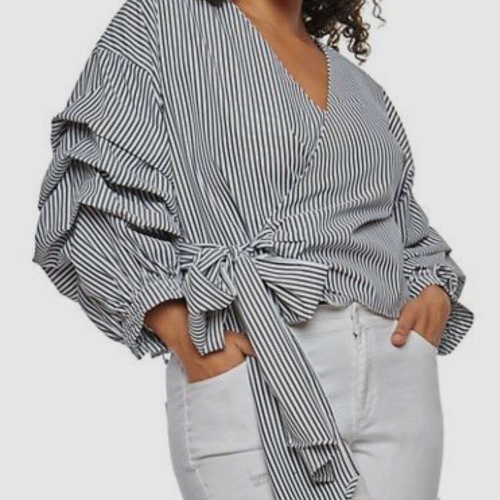 Fever Black & White Striped Wrap Tie-Waist Blouse